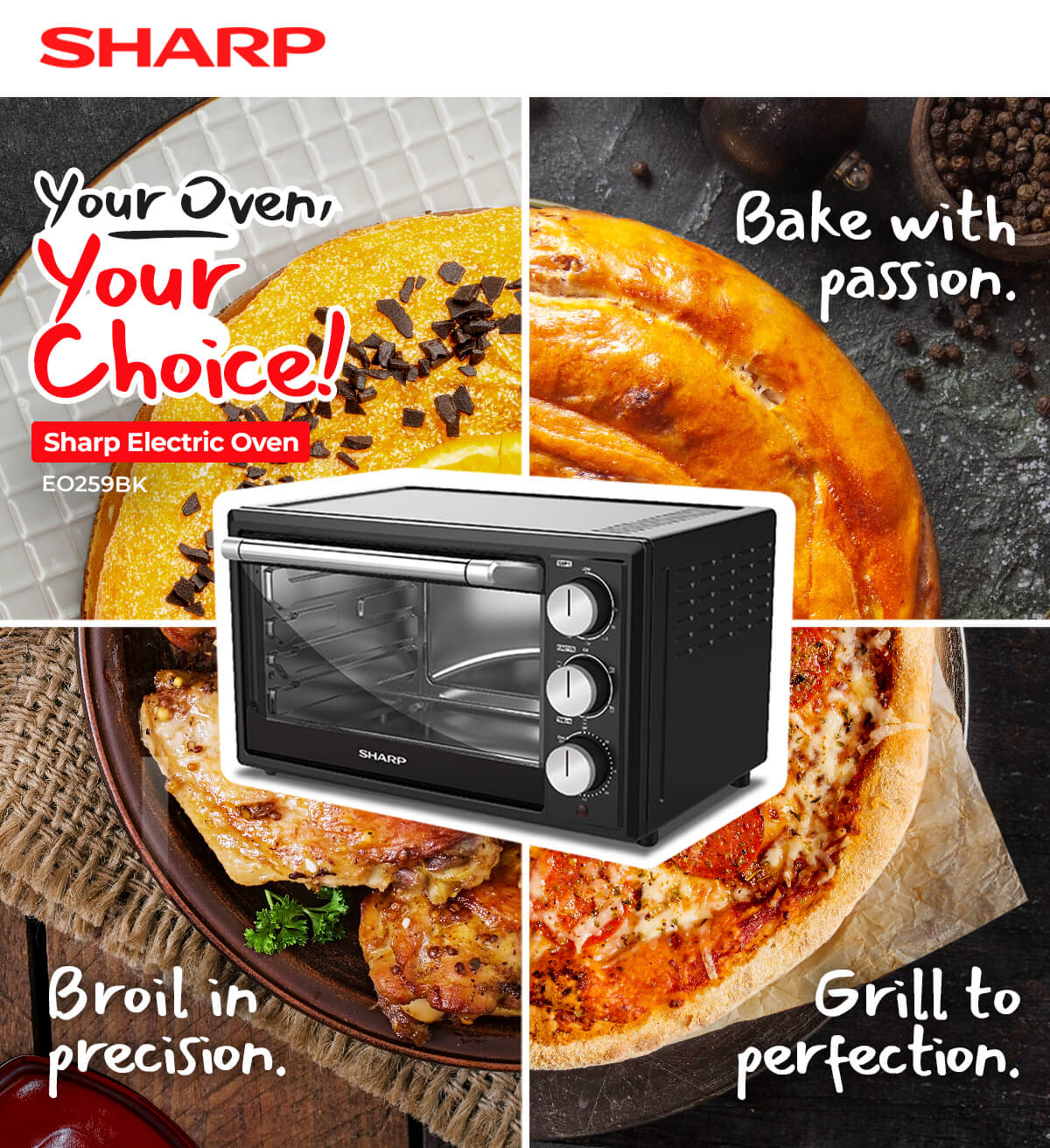 Black Sharp Oven in the middle of 4 photo with a quarter circle image of cake, bun, chicken and pizza that appear to be a circle image 