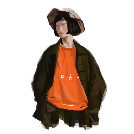 Digital painting of a female modal wearing GooPi shirt and jacket