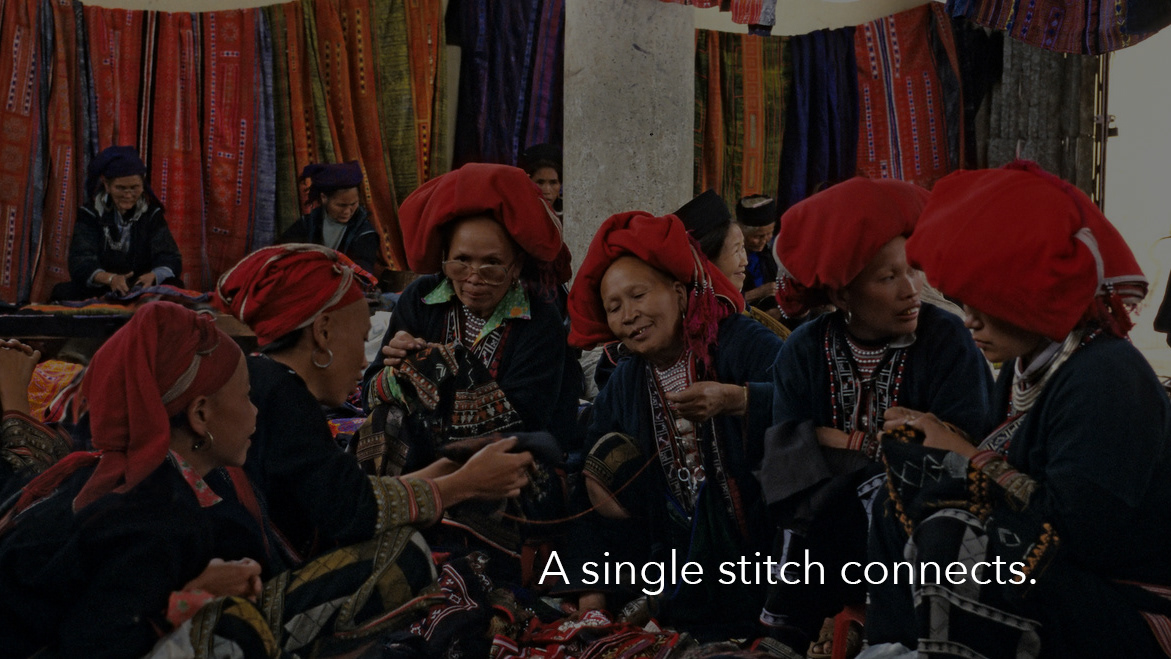 A picture of Vietnam Sapa red dao sitting together with a wording "A single stitch connects"