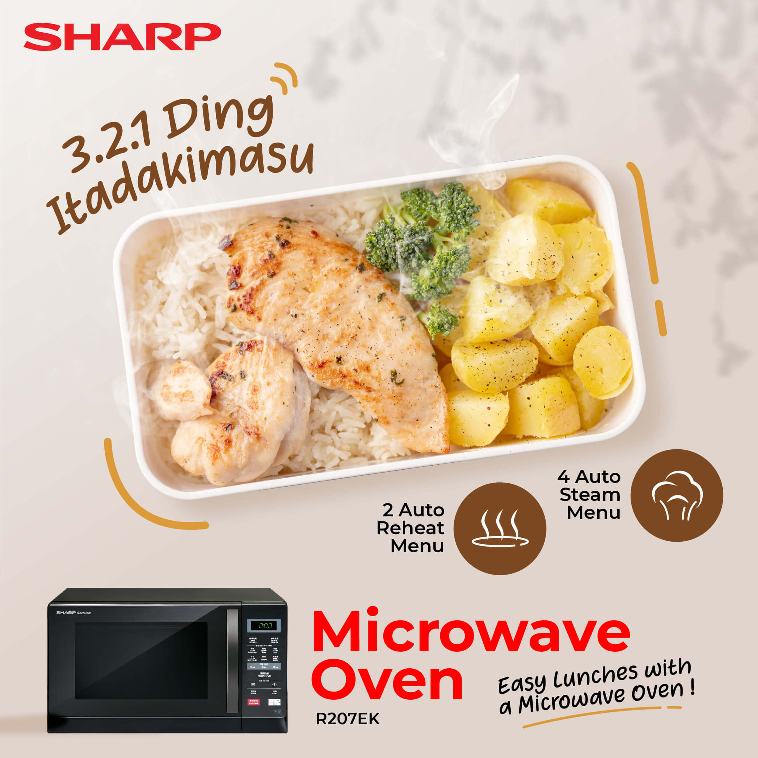 Sharp Microwave Oven with lunch box that contains salmon fish, steamed potato and rice