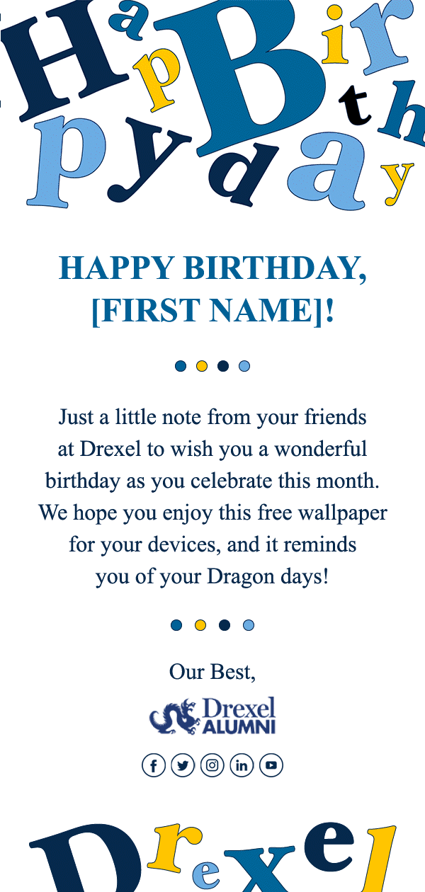 Drexel Alumni Birthday Layout Concept Option 3