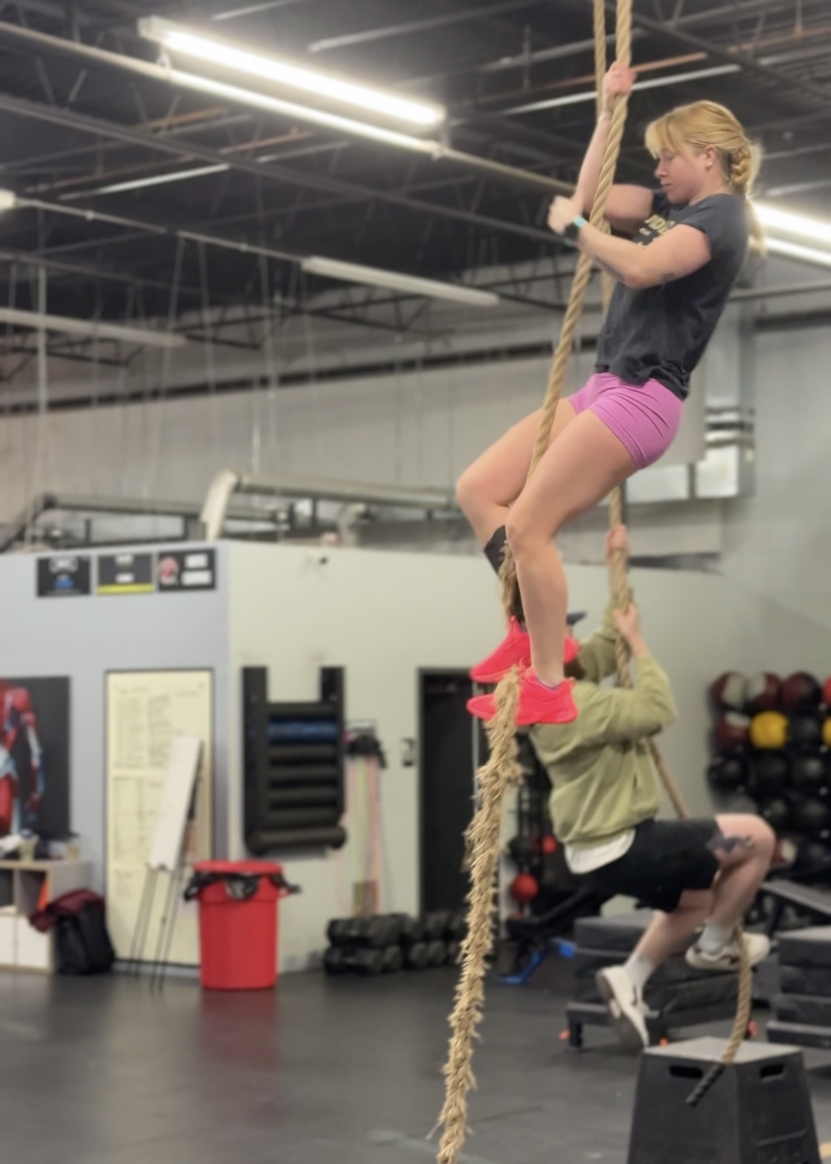 Two Cardinal athletes climbing ropes