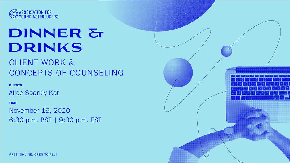 Dinner & Drinks: Client Work and Concepts of Counseling Guests: Alice Sparkly Cat. Time: November 19, 2020, 6:30p PST | 9:30pm EST