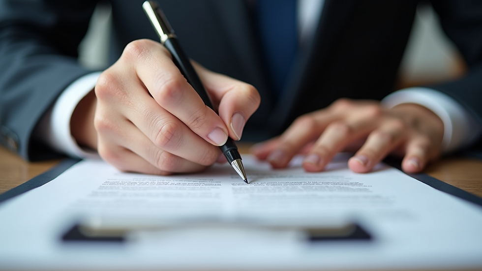 Close-up of a person signing legal papers with a pen