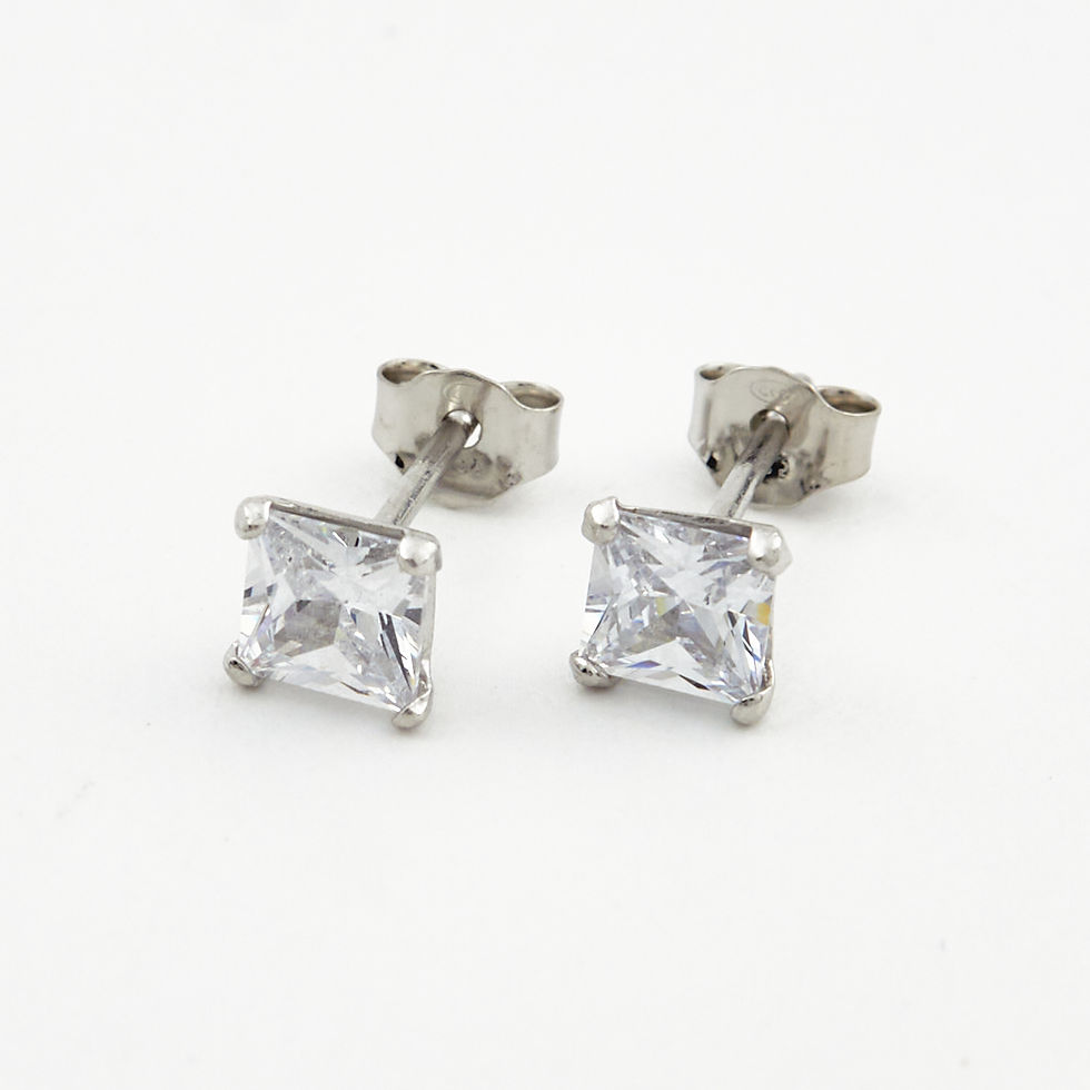 Clous en argent rhodié avec solitaire oxyde carré blanc 5mm