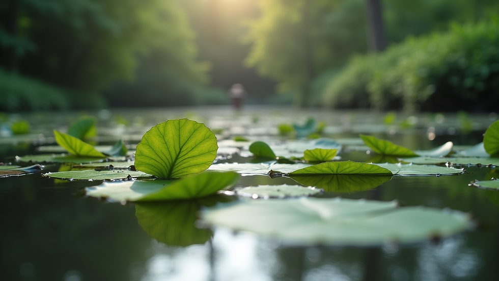 Close-up view of pond water with floating leaves and a small pump in the background
