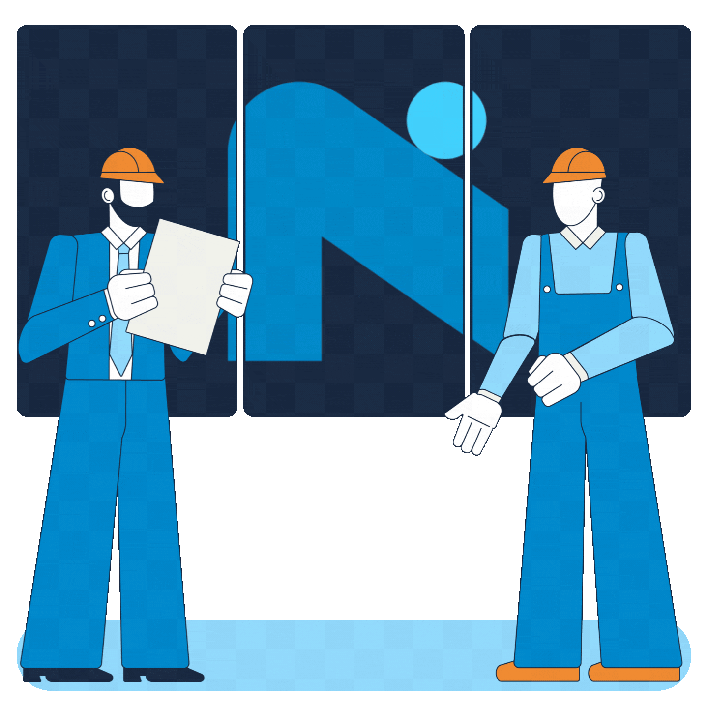 Animated illustration of two AV Integrators in front of three displays forming a video wall where you see the OnSign company logo and an animated ball on a ramp.