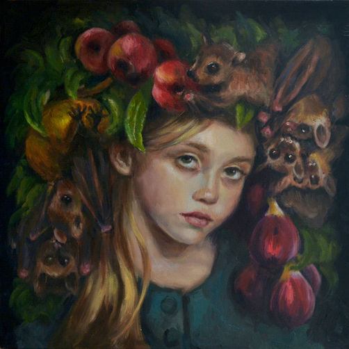 Oil paintings of a young girl surrounded by bats
