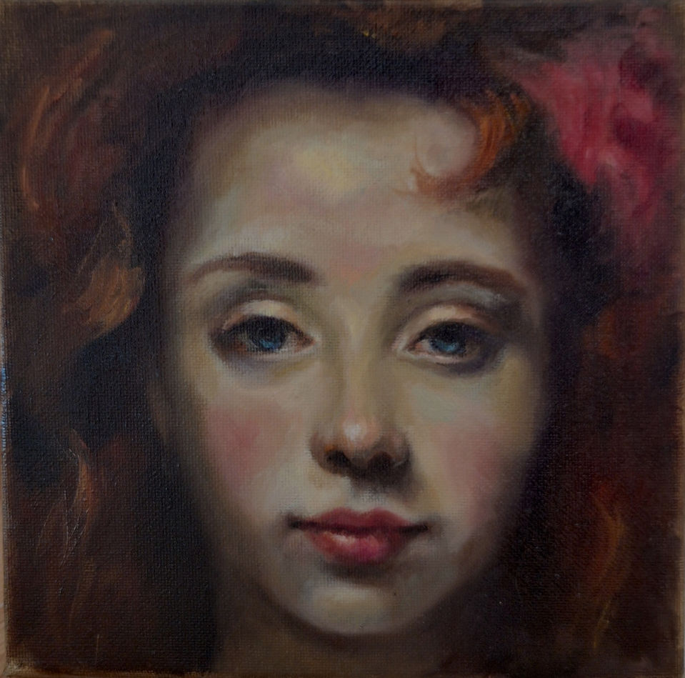 close up of a girl with red hair in oil on canvas.