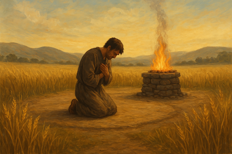 En man böjer sina knän vid ett altare