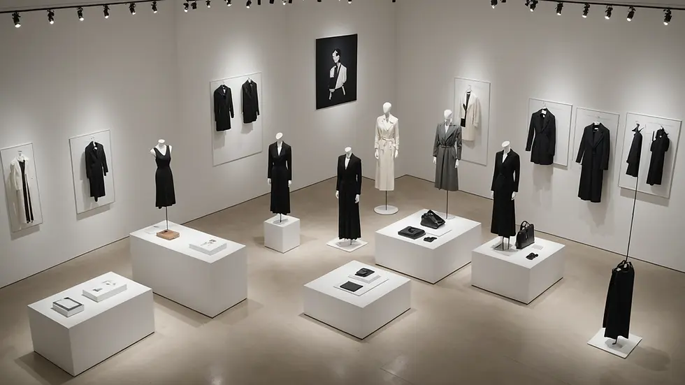 High angle view of a minimalist fashion exhibit with unique art installations