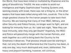 Trump calls Khamenei’s death “greatest chance” for Iranians, says some forces seeking immunity