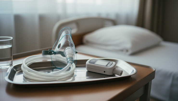 Close-up view of an oxygen mask resting beside a pulse oximeter.