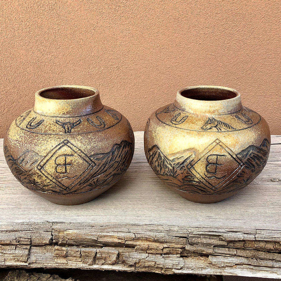 Southwestern style custom ranch brand decorative pottery by Cynthia McDowell