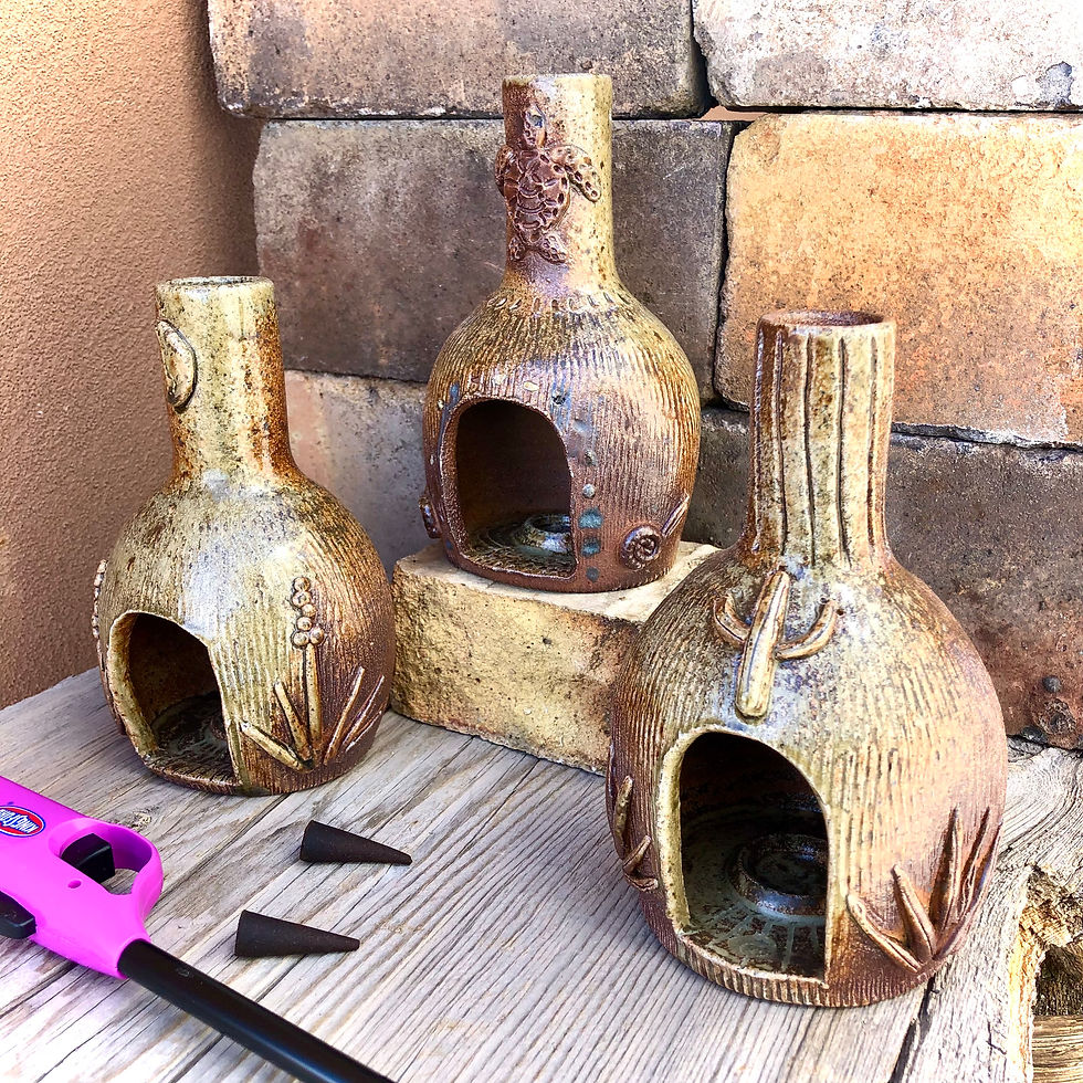 Ceramic incense burners with Southwest inspired surface embellishments