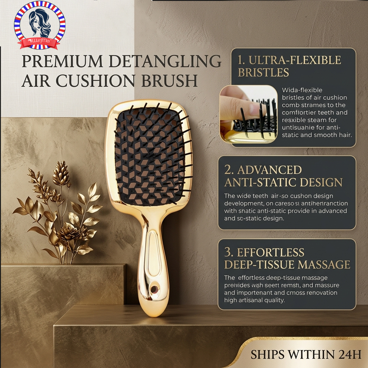 1Pcs Air Cushion Comb GoldTangled Hair Comb Hair Brush Massage Anti-static Hollo