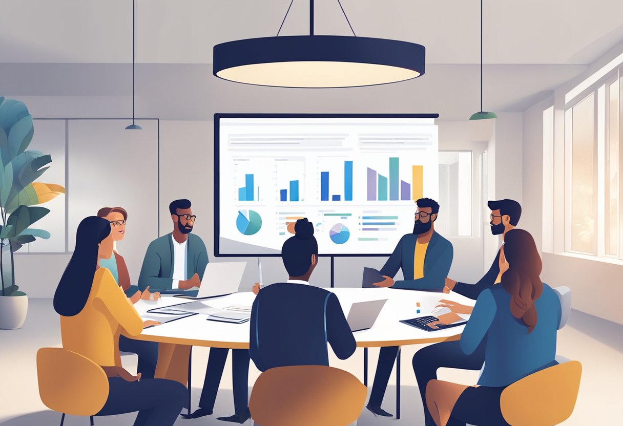 A group of people gathered around a presentation board, discussing and brainstorming ideas for corporate innovation. The atmosphere is collaborative and focused