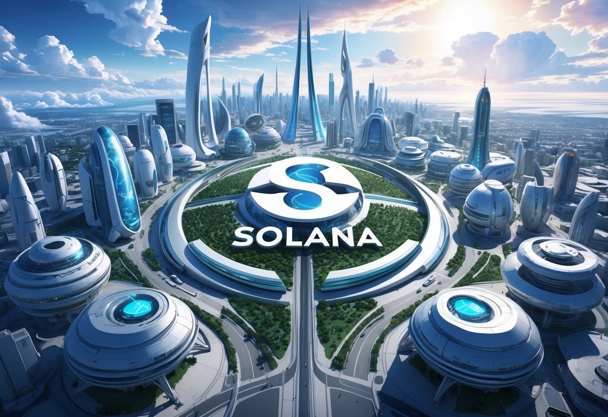 Uma paisagem urbana futurista com uma arquitetura elegante e inovadora ao redor de um destacado logo da Solana, simbolizando perspectivas e inovações futuras.
