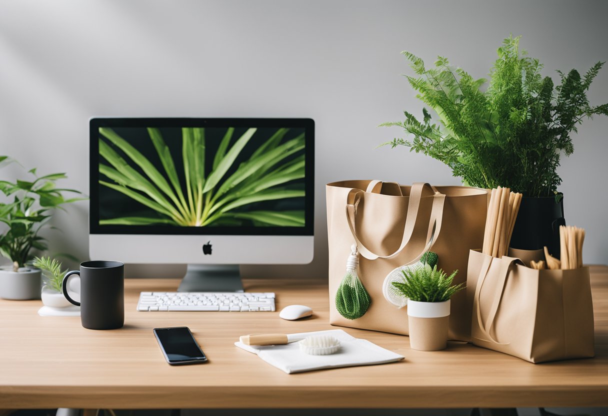Uma tela de computador exibindo uma variedade de produtos ecológicos, como canudos reutilizáveis, escovas de dente de bambu e sacolas de algodão orgânico. Uma planta está sobre a mesa ao lado do computador, adicionando um toque de verde ao espaço de trabalho.