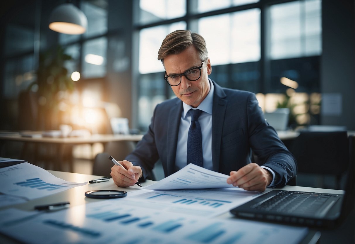 A CEO studying key metrics, surrounded by charts and graphs