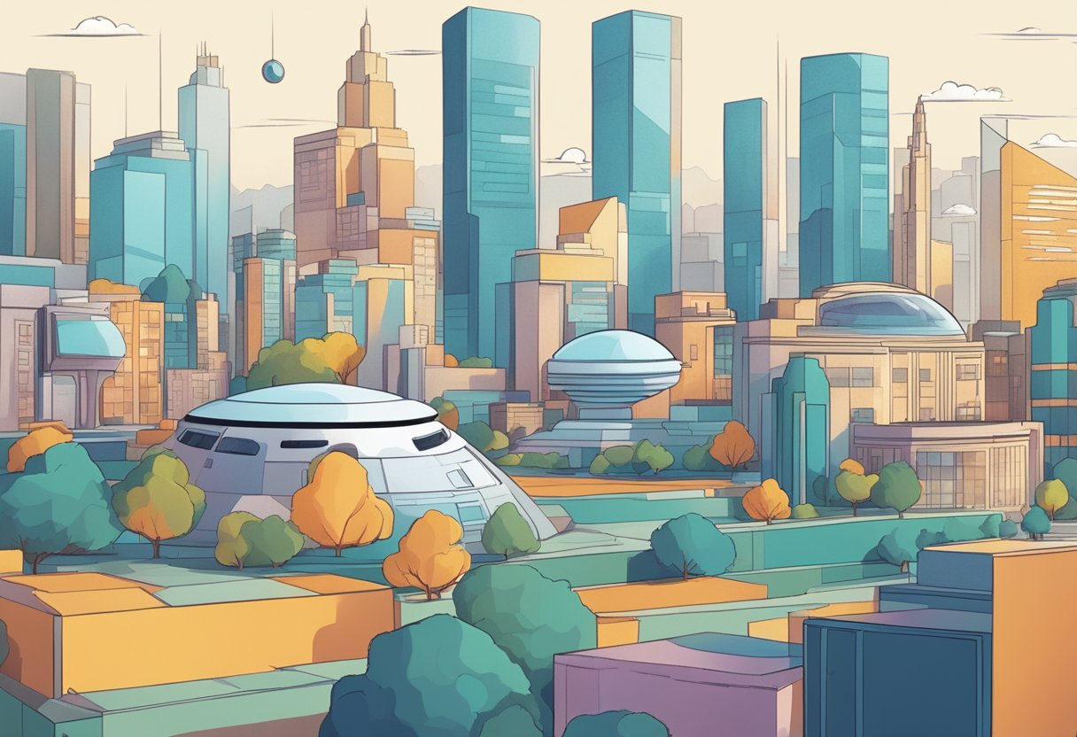 A futuristic cityscape with government buildings and a speaker presenting on innovation, with a focus on simplicity