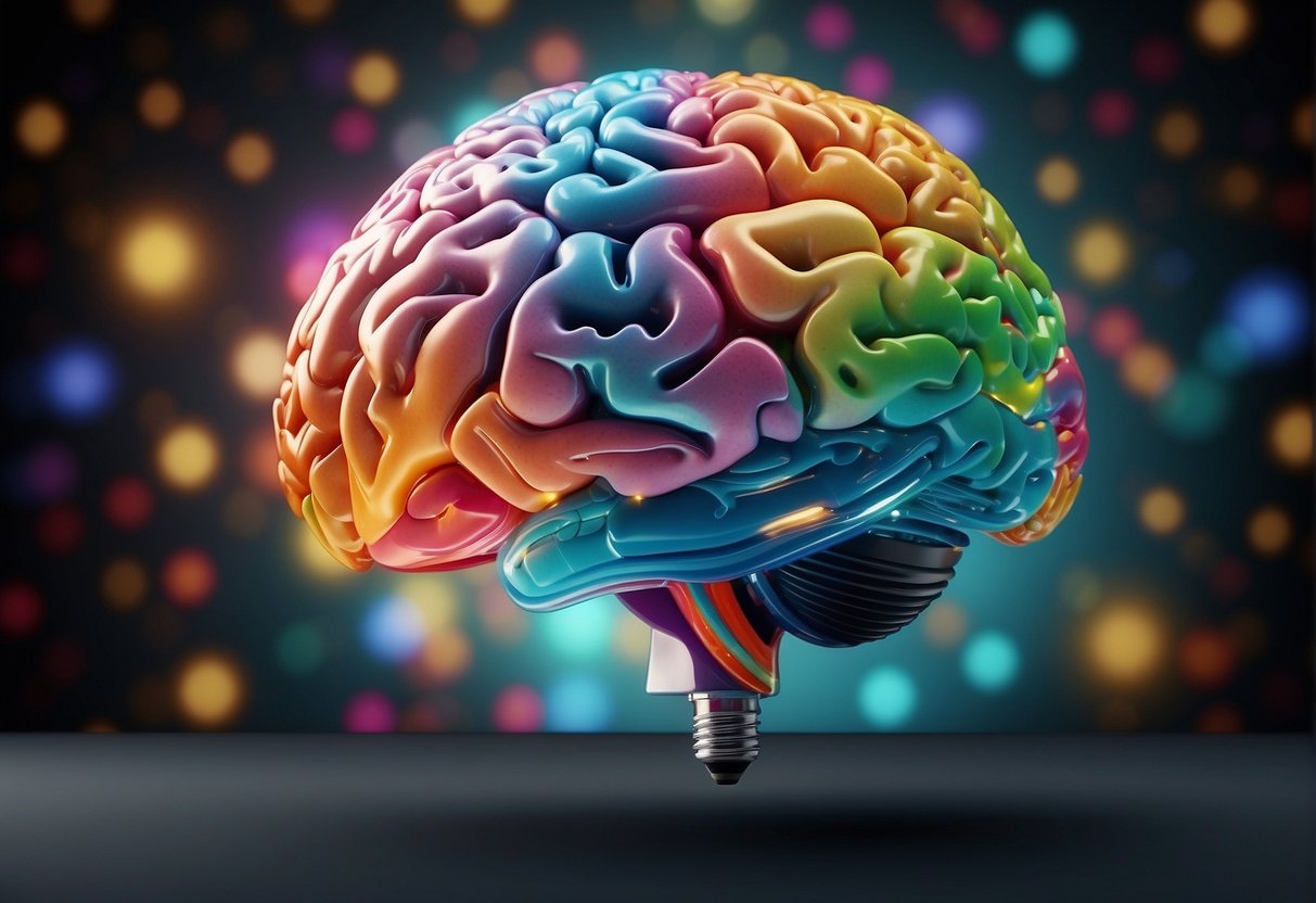 A colorful brain surrounded by swirling thoughts and ideas, with a lightbulb shining brightly above, representing the impact of mental health on creativity and innovation