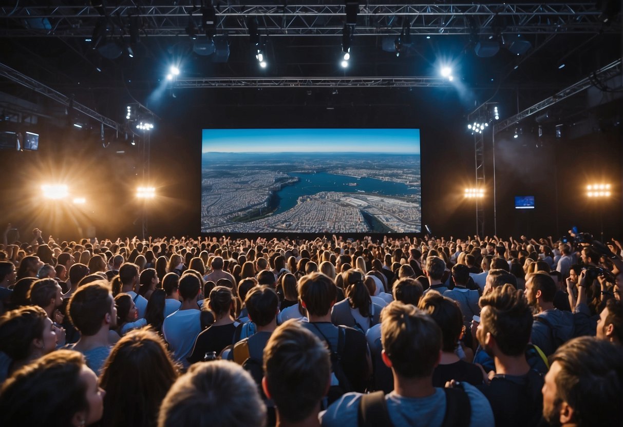 Mr Beast's journey creating creative content, featuring his logo, camera equipment, and various props, set against a backdrop of a digital world and a crowd of eager fans