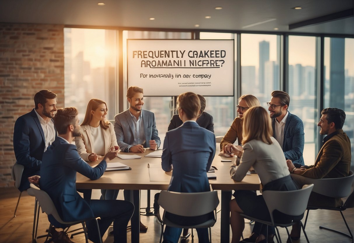 A group of people gathered around a sign that reads "Frequently Asked Questions: Do you need an innovation area or innovation in the company?" discussing and brainstorming ideas