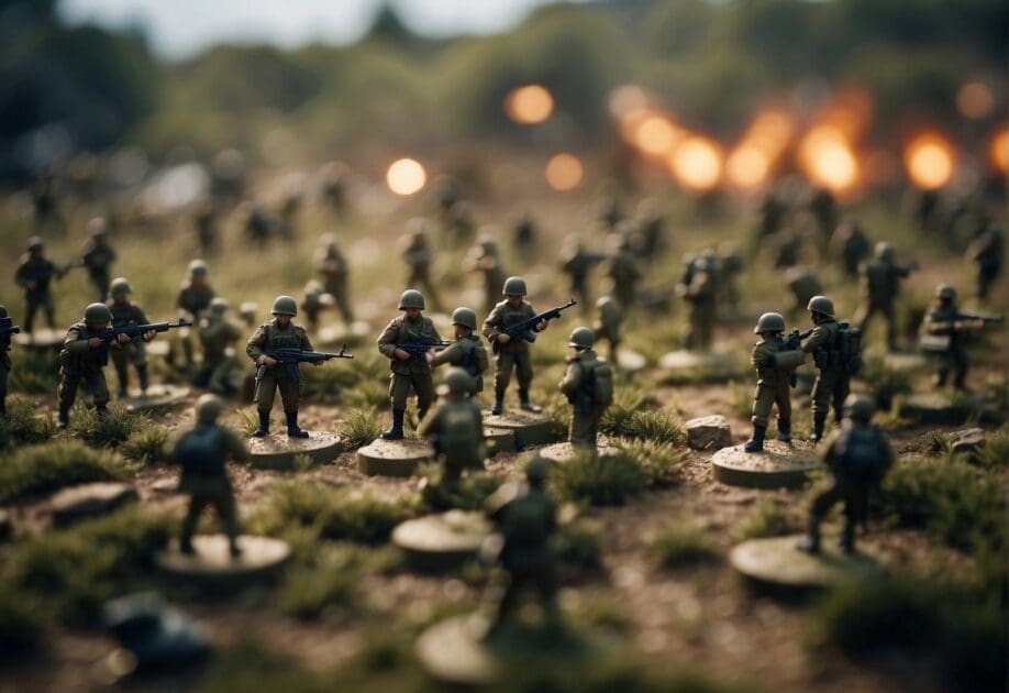 A battlefield with strategic formations and tactics being implemented by military units, illustrating the application of innovative military strategies to business