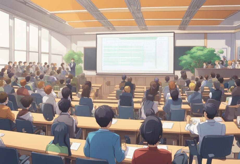 A crowded auditorium with a diverse audience eagerly listening to a speaker on stage, surrounded by screens displaying topics like "Culture and Engagement: Most Sought-After Lecture Themes in 2024."