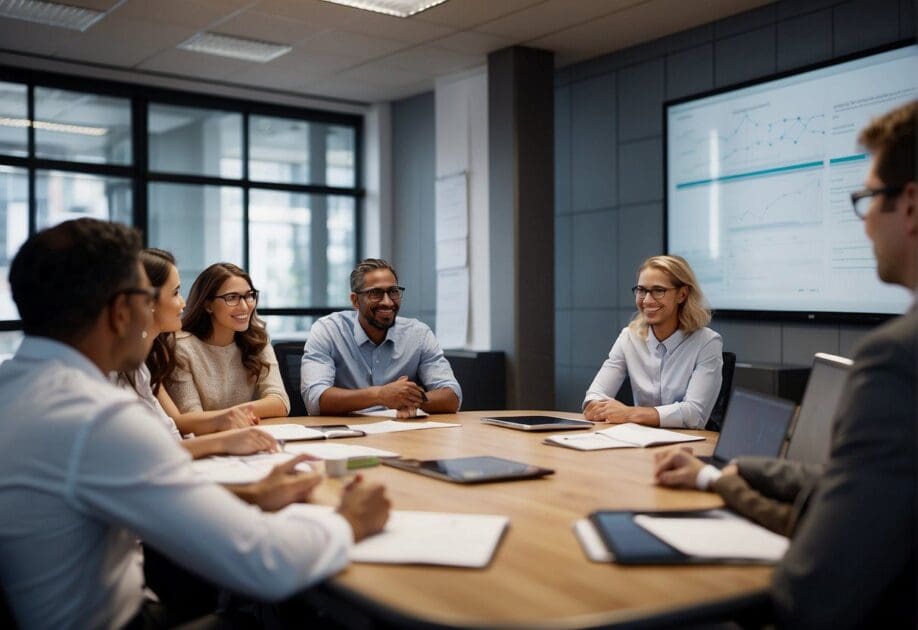An office setting with a group of professionals brainstorming ideas, using technology and whiteboards to collaborate on innovative strategies