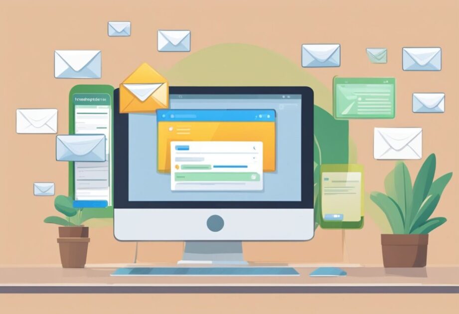 A computer screen displaying the Temp Mail website with an email address and inbox filled with messages