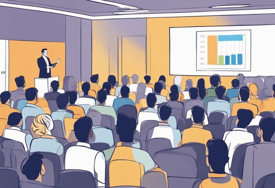 A speaker presenting on innovation and brand positioning at a marketing event. Audience watches attentively as Gustavo Caetano speaks