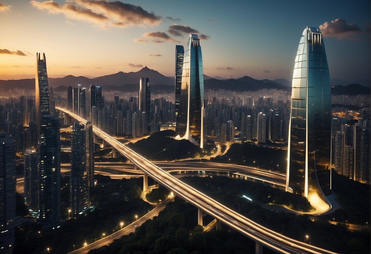 A futuristic cityscape with glowing skyscrapers and sleek, advanced technology. The skyline is dominated by artificial intelligence-powered buildings and vehicles, showcasing the cutting-edge innovation of Brazil's top 10 startups