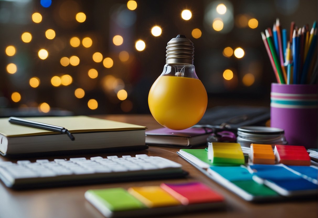 A colorful workspace with various art supplies, a bright lightbulb symbolizing creativity, and a notebook filled with innovative ideas