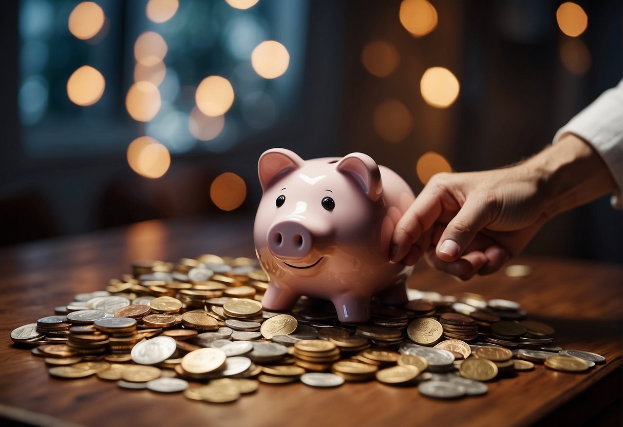 A piggy bank sits on a table with coins spilling out. A hand reaches to deposit more coins. A vision board with dream images hangs on the wall