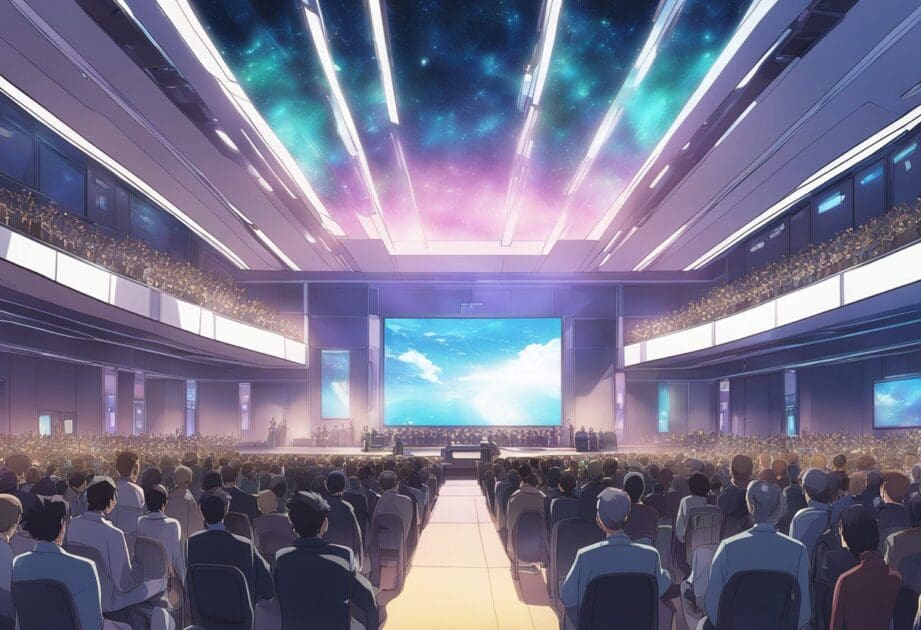 A crowded conference hall with futuristic technology displays and captivating speakers on stage
