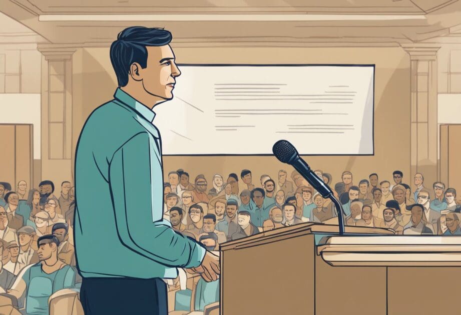 A speaker stands at a podium, addressing an audience. A screen behind him displays the words "Aspectos Práticos da Inovação Palestra sobre inovação, Gustavo Caetano."
