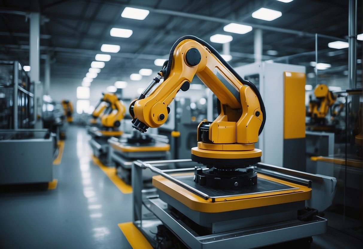 A modern, high-tech factory with advanced machinery and robotic arms working seamlessly to maintain quality and efficiency
