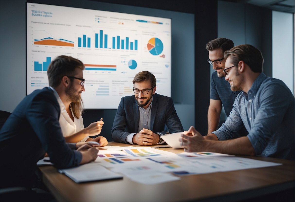 A group of people engaged in brainstorming and problem-solving, surrounded by charts, graphs, and innovative ideas