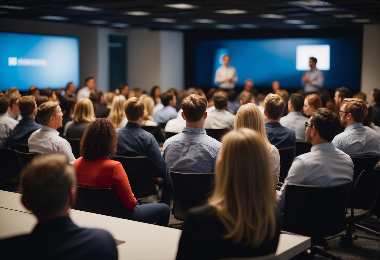 A group of employees engaged and motivated, listening to an innovative speaker at a company event, surrounded by visual aids and interactive materials