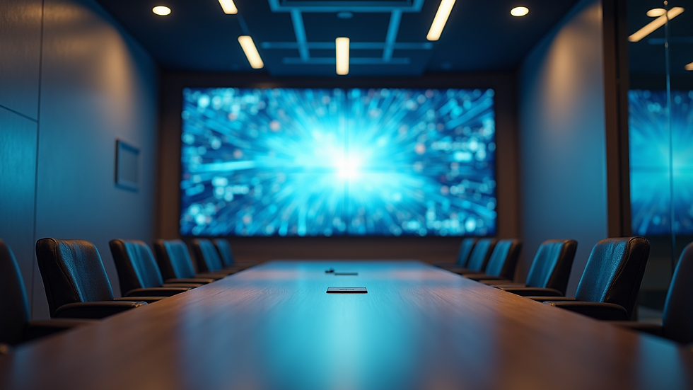 Eye-level view of a high-tech meeting room with digital screens and collaborative seating