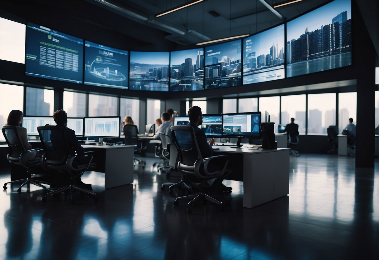 A modern, bustling office space with digital screens and technology. People collaborate and innovate, turning ideas into successful business ventures