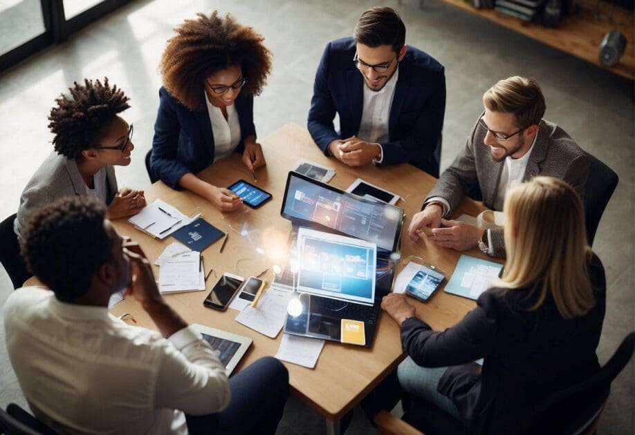 A group of diverse individuals brainstorming and collaborating, surrounded by innovative tools and resources, with a sense of creativity and excitement in the air