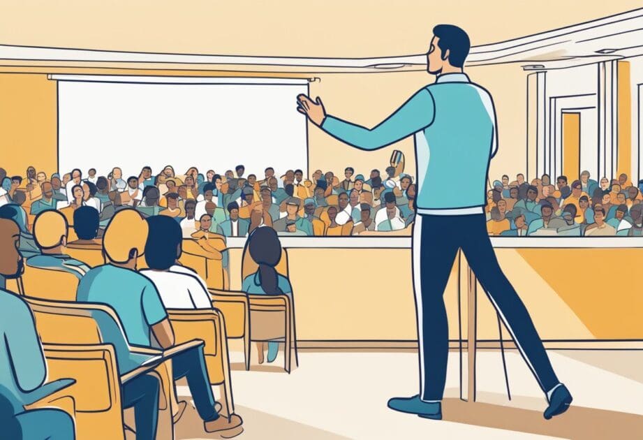 A speaker stands confidently on stage, gesturing towards a screen displaying the words "Aprendizado e Superação de Desafios Palestra sobre inovação, Gustavo Caetano". The audience is engaged, with eyes focused on the speaker