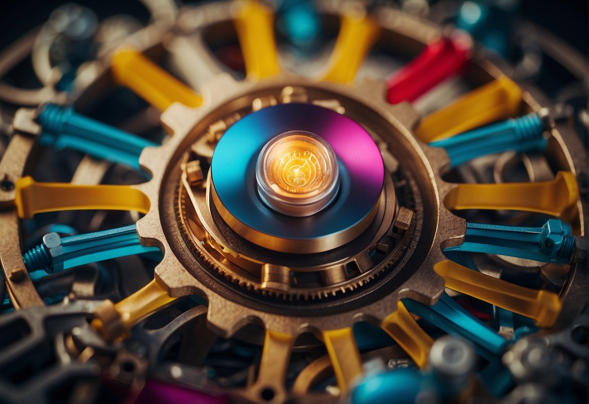 A colorful lightbulb surrounded by gears and arrows, symbolizing creativity as a competitive advantage in daily innovation