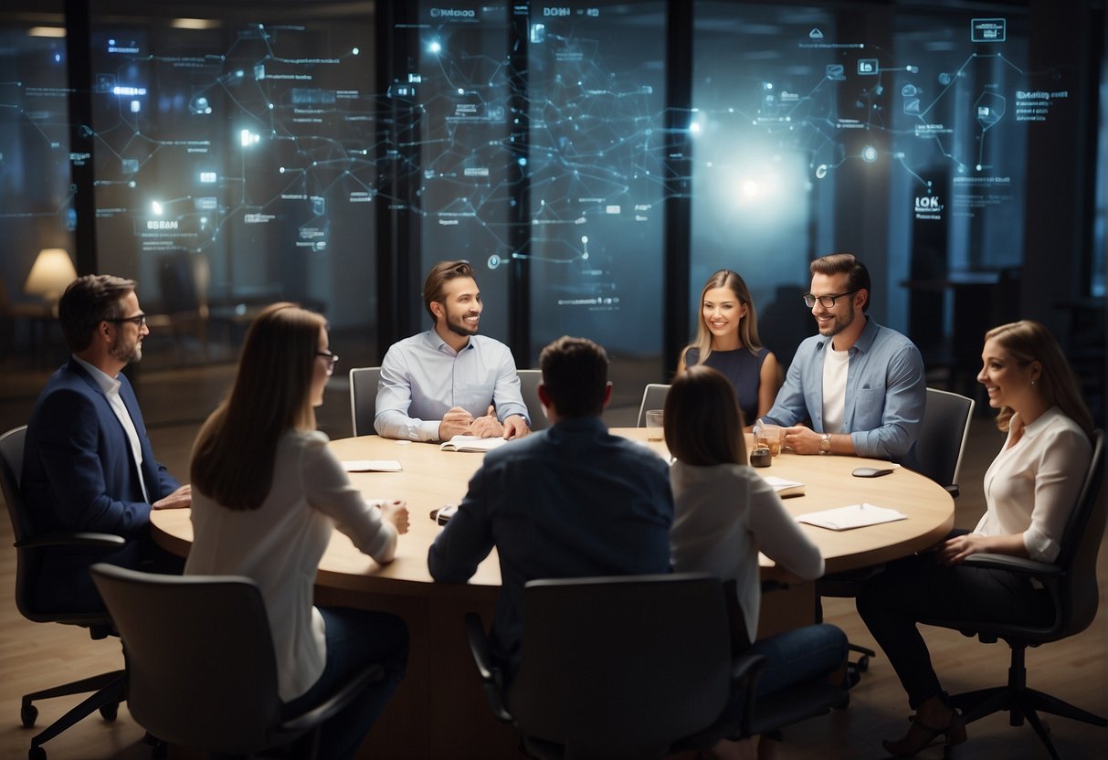 A diverse group of innovators collaborate, brainstorm, and implement ideas in a dynamic and creative environment, resulting in successful innovation cases