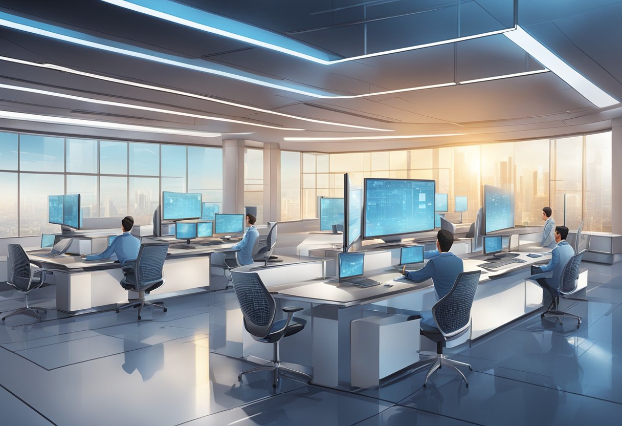 A futuristic corporate setting with innovative technology and sleek design