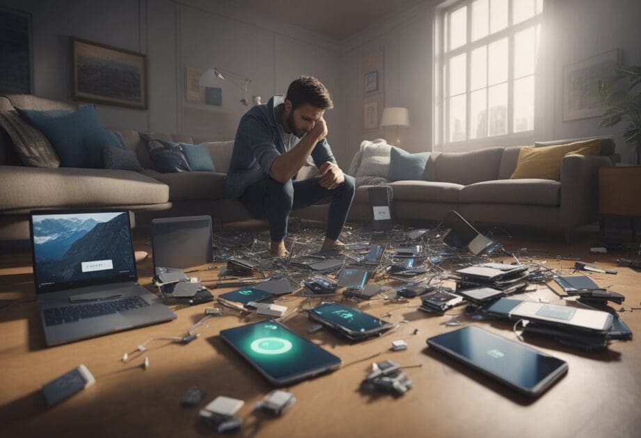 A frustrated person surrounded by broken digital devices, while a compass points in the wrong direction