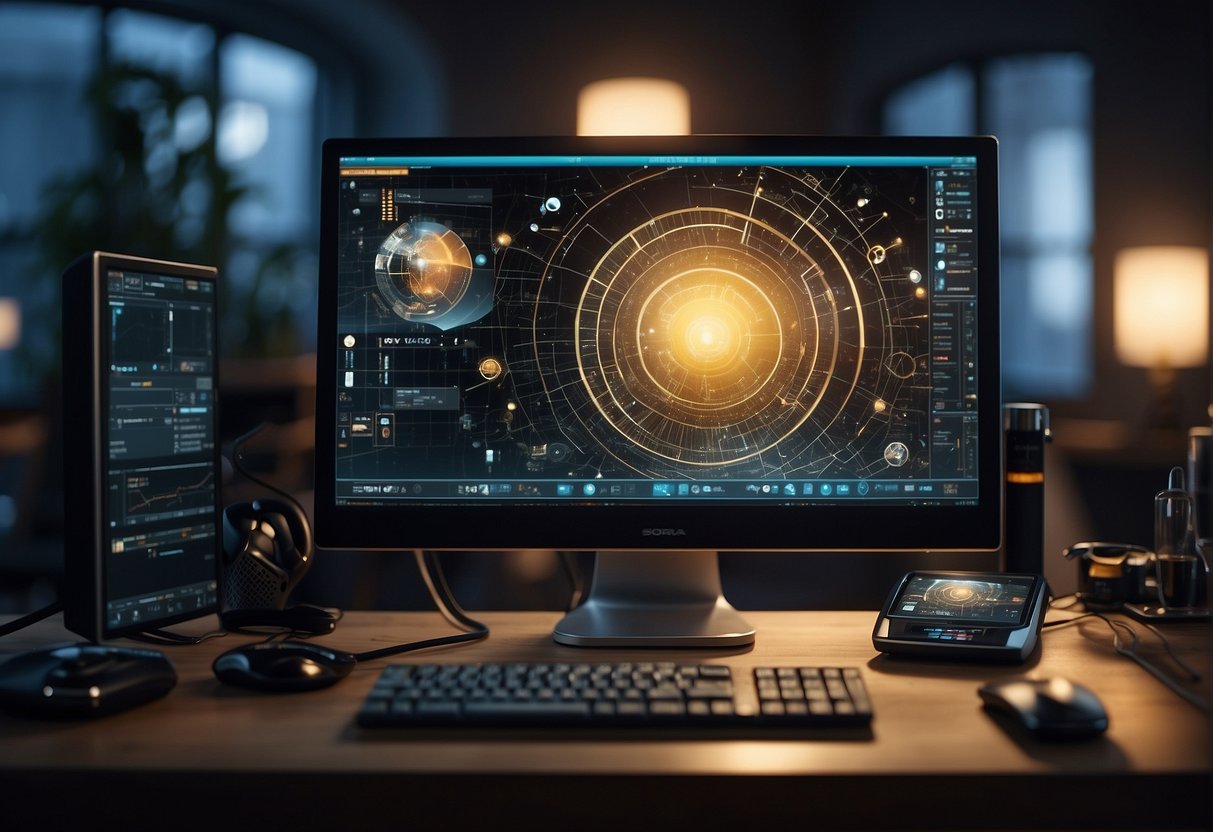A computer screen displays Sora, an AI video intelligence, surrounded by artistic tools and design elements